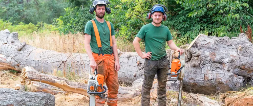 Two tree surgeons standing in front of a felled tree in Hereford